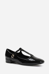 CAIRO LOW HEEL WITH T STRAP AND BUCKLE DETAIL IN BLACK PATENT