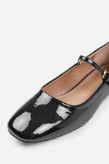 MINSK WIDE FIT LOW HEEL WITH STRAP AND BUCKLE DETAIL IN BLACK PATENT