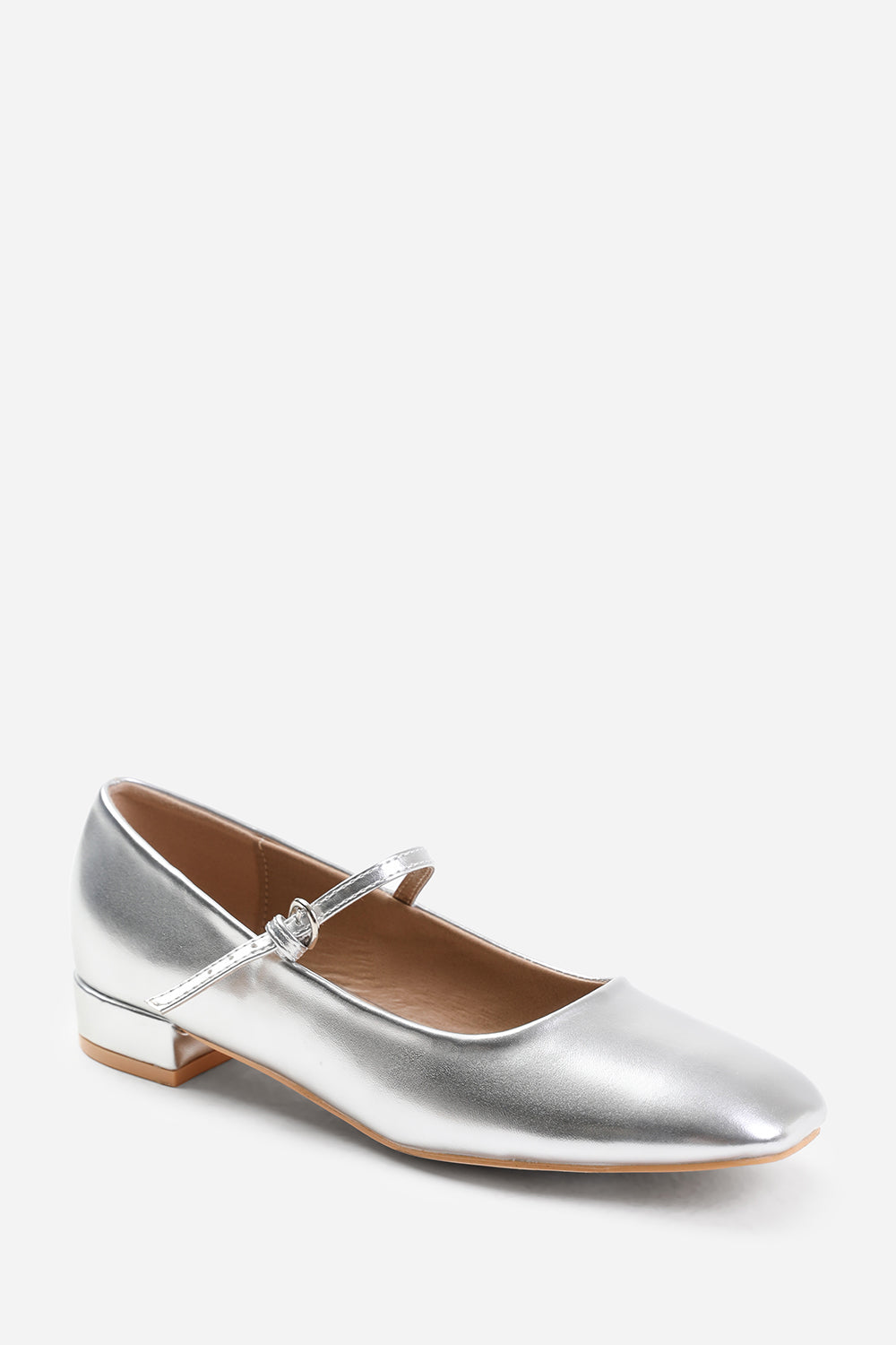 MINSK LOW HEEL WITH STRAP AND BUCKLE DETAIL IN SILVER FAUX LEATHER