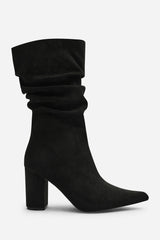 Lilyana Ruched Heeled Calf Boot In Black Suede