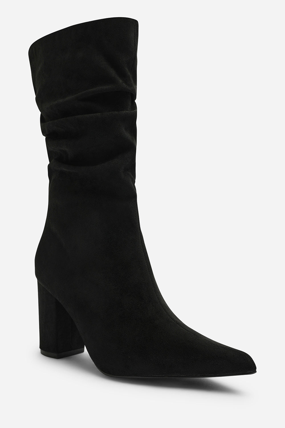 Lilyana Ruched Heeled Calf Boot In Black Suede