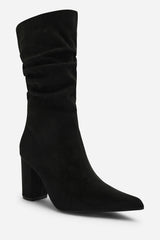 Lilyana Ruched Heeled Calf Boot In Black Suede