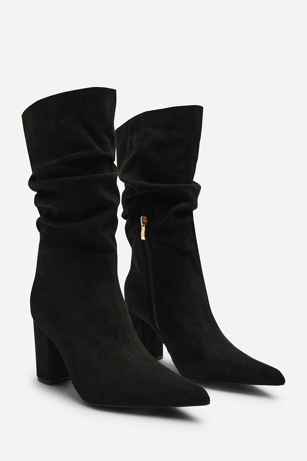 Lilyana Ruched Heeled Calf Boot In Black Suede