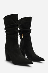 Lilyana Ruched Heeled Calf Boot In Black Suede