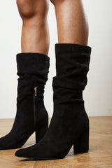 Lilyana Ruched Heeled Calf Boot In Black Suede