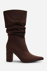 Lilyana Ruched Heeled Calf Boot In Brown Suede