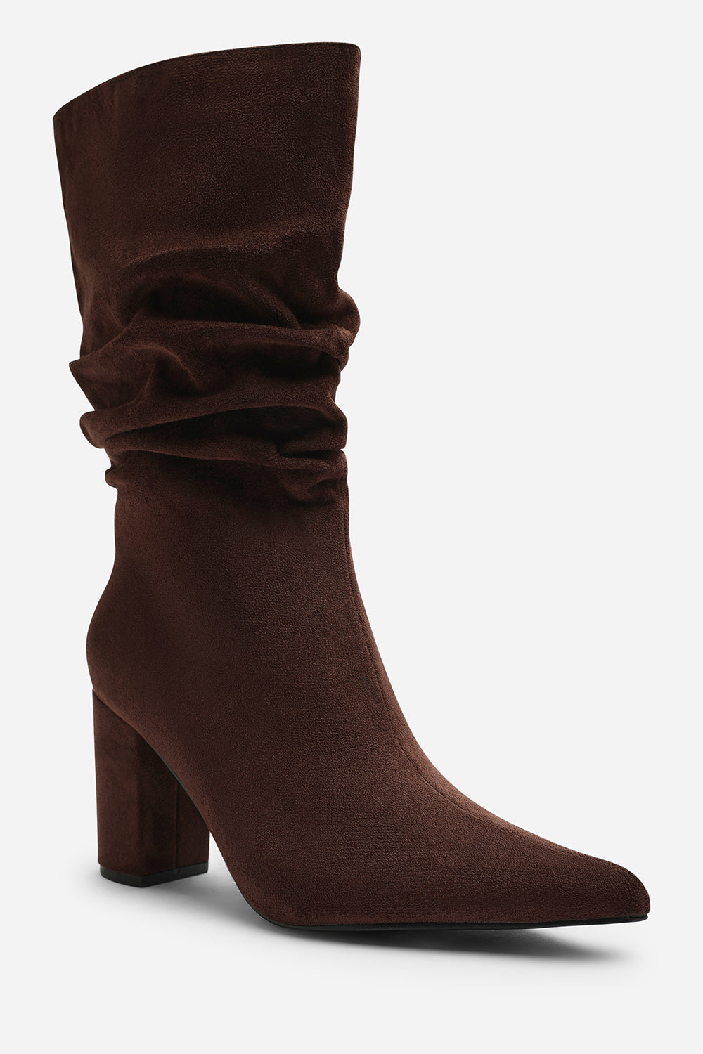 Lilyana Ruched Heeled Calf Boot In Brown Suede