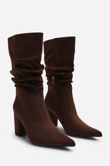 Lilyana Ruched Heeled Calf Boot In Brown Suede