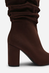 Lilyana Ruched Heeled Calf Boot In Brown Suede