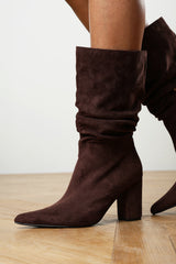 Lilyana Ruched Heeled Calf Boot In Brown Suede