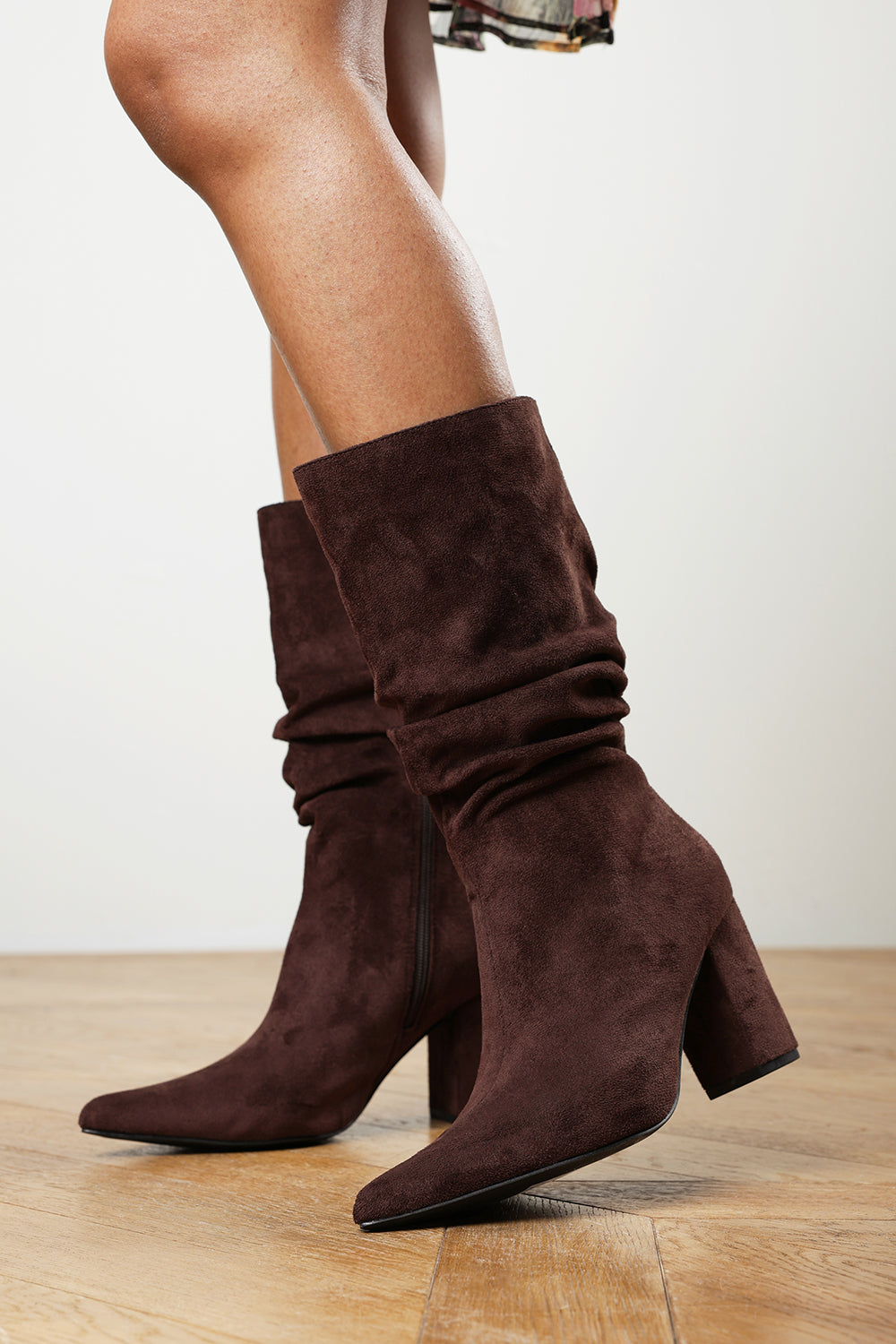 Lilyana Ruched Heeled Calf Boot In Brown Suede