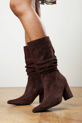 Lilyana Ruched Heeled Calf Boot In Brown Suede