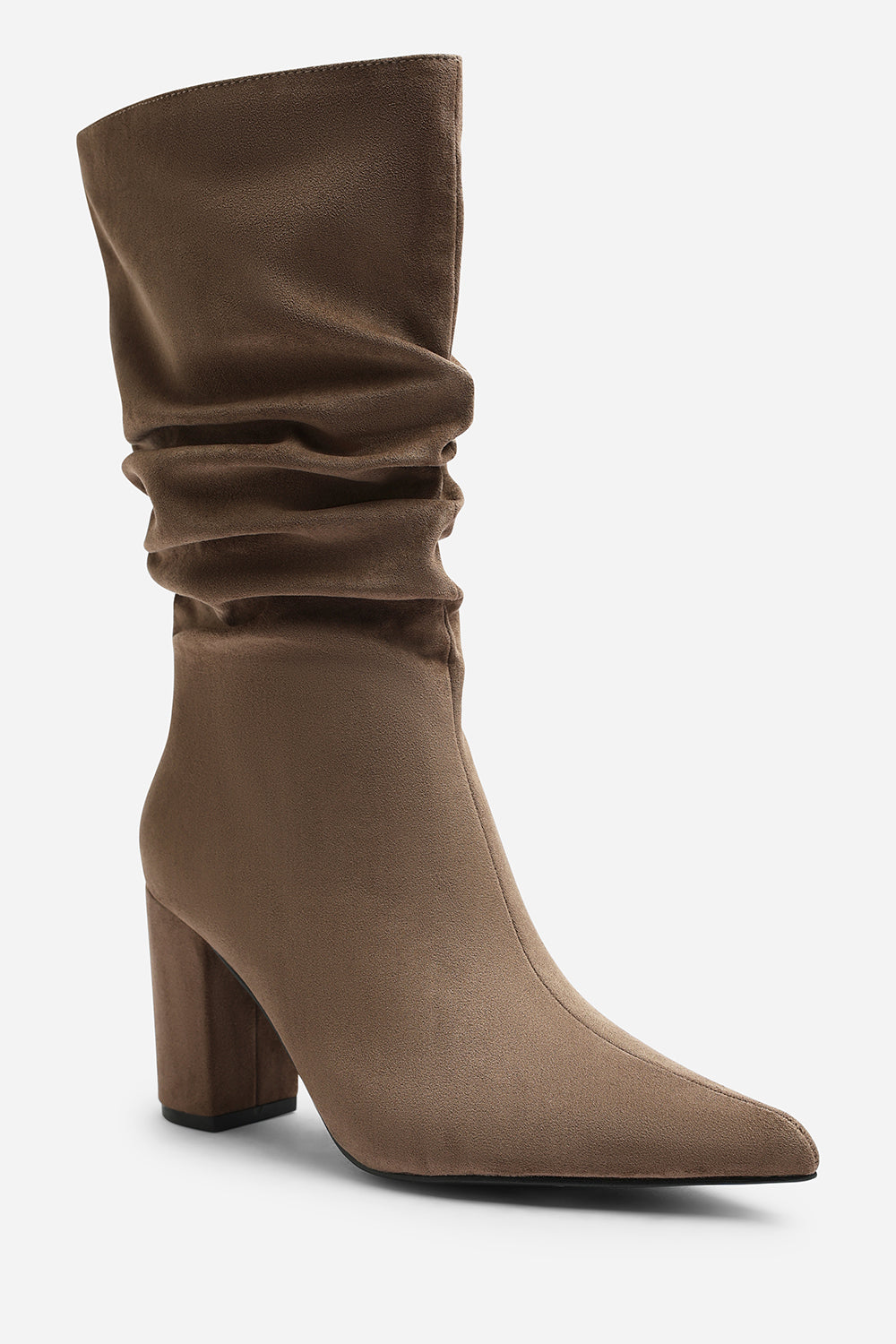 Lilyana Ruched Heeled Calf Boot In Taupe Suede