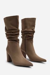 Lilyana Ruched Heeled Calf Boot In Taupe Suede