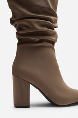 Lilyana Ruched Heeled Calf Boot In Taupe Suede