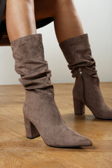 Lilyana Ruched Heeled Calf Boot In Taupe Suede