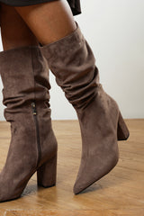 Lilyana Ruched Heeled Calf Boot In Taupe Suede