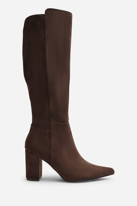 Georgina Wide Fit Stretch Suede Knee High Pointed Boots In Dark Brown