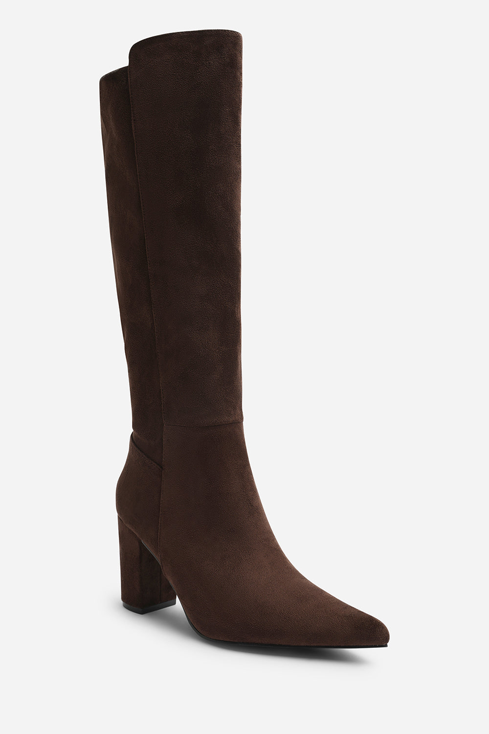 Georgina Wide Fit Stretch Suede Knee High Pointed Boots In Dark Brown