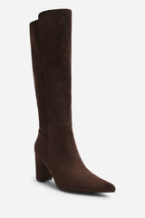 Georgina Stretch Suede Knee High Pointed Boots In Dark Brown