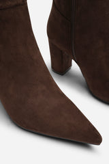 Georgina Stretch Suede Knee High Pointed Boots In Dark Brown