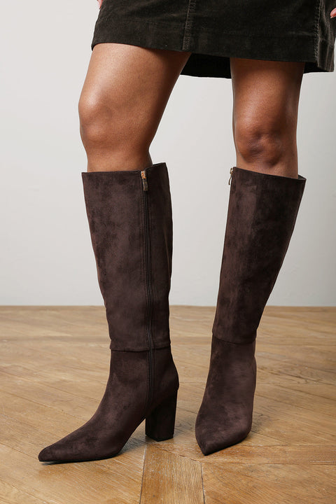 Evixa Wide Fit Knee High Pointed Toe Block Heel Boot