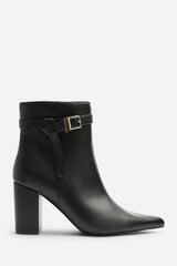 Evania Black Buckle Strap Detail Block Heeled Ankle Boot