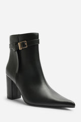 Evania Black Buckle Strap Detail Block Heeled Ankle Boot