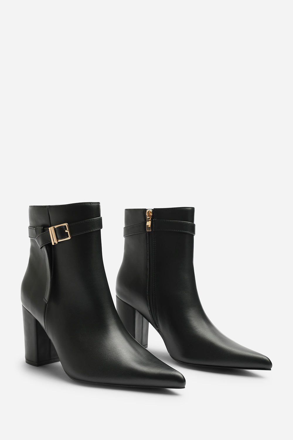 Evania Black Buckle Strap Detail Block Heeled Ankle Boot