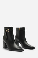 Evania Black Buckle Strap Detail Block Heeled Ankle Boot