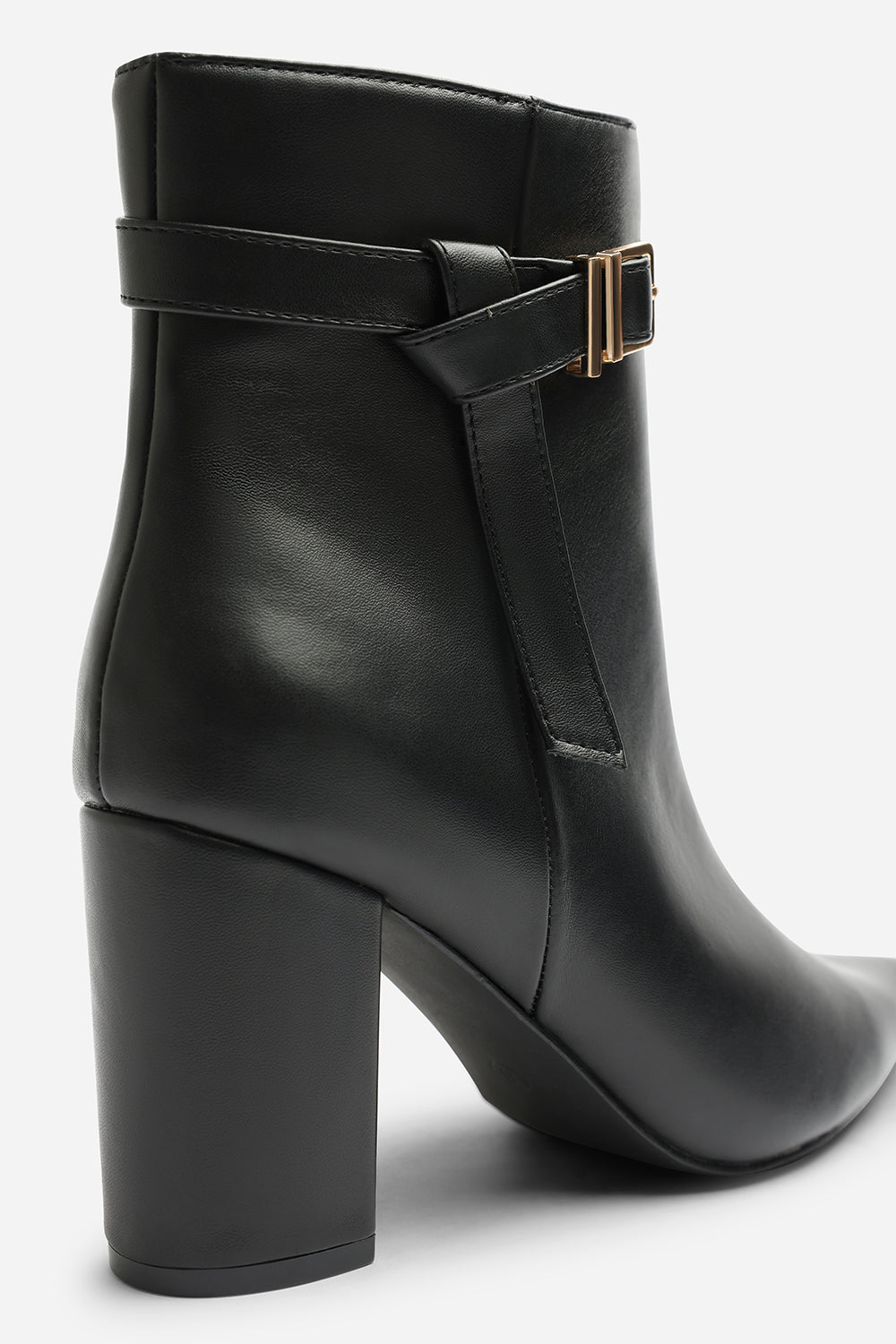 Evania Black Buckle Strap Detail Block Heeled Ankle Boot