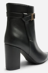 Evania Black Buckle Strap Detail Block Heeled Ankle Boot