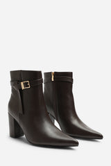 Evania Dark Brown Buckle Strap Detail Block Heeled Ankle Boot