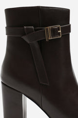 Evania Dark Brown Buckle Strap Detail Block Heeled Ankle Boot