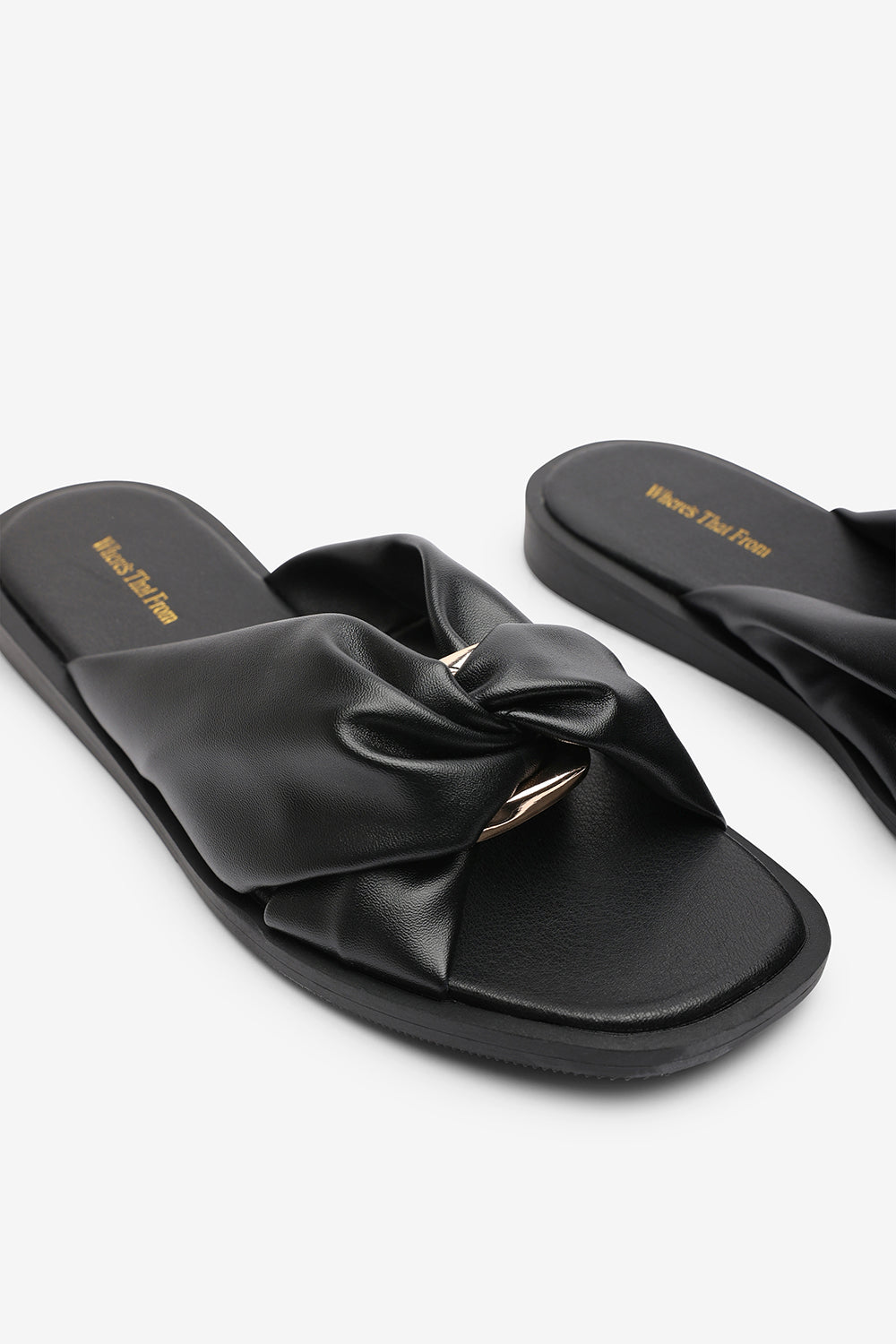 Brooklyne Twist Open Toe Black Slide On Sandals