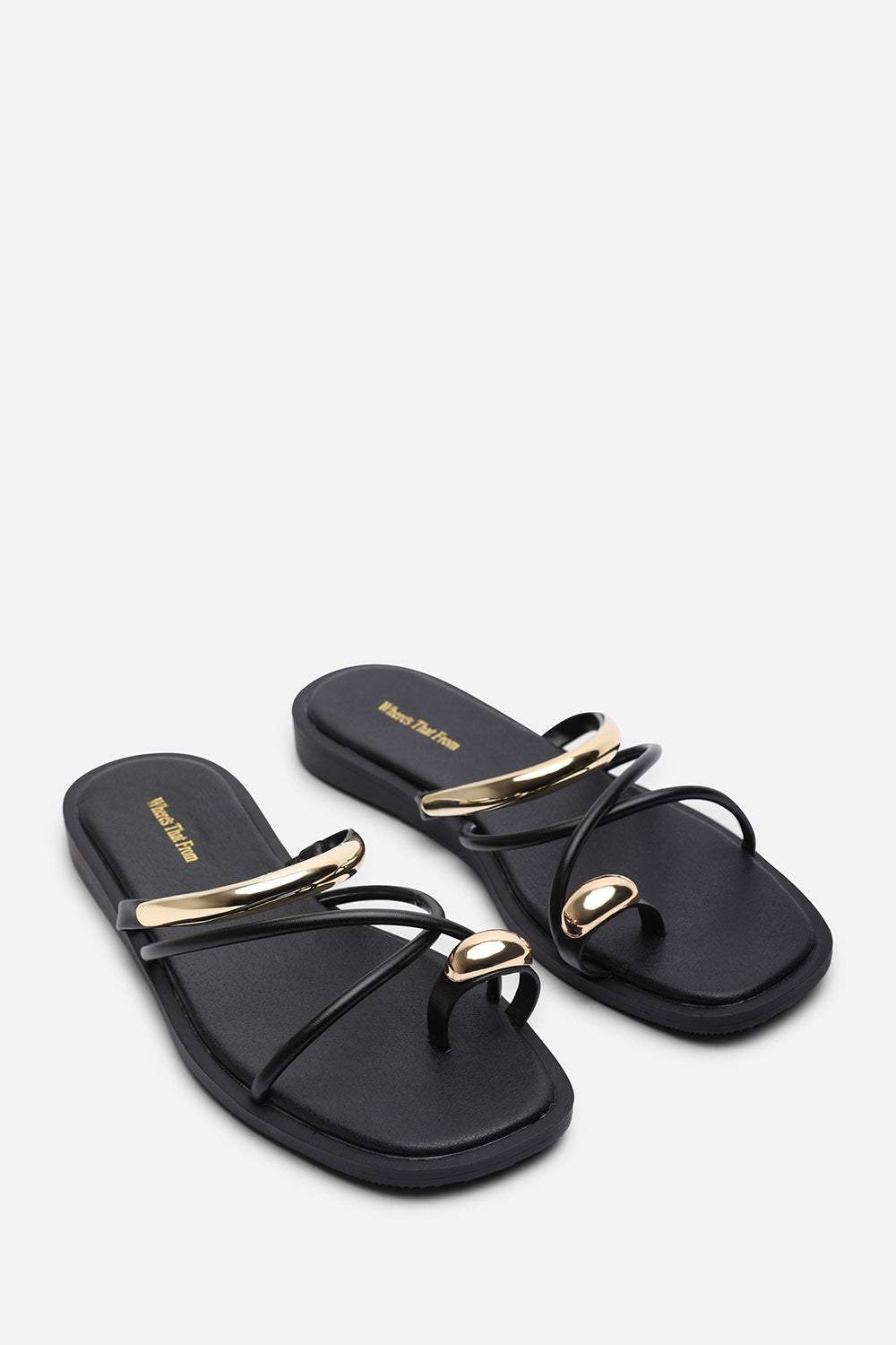 Zelina Strappy Metal Toe Loop Black Slide On Sandal