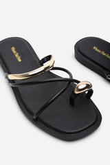 Zelina Strappy Metal Toe Loop Black Slide On Sandal