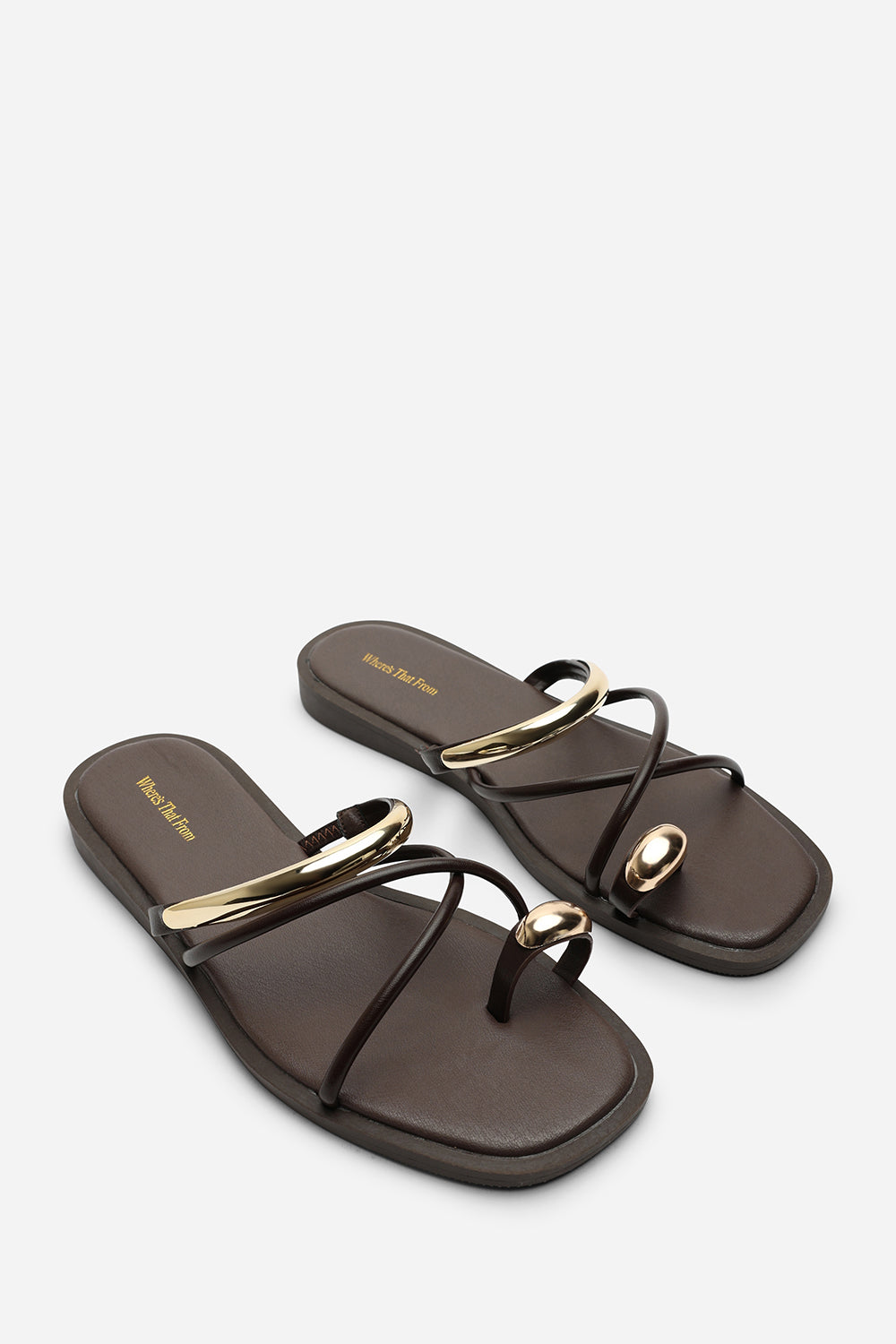 Zelina Strappy Metal Toe Loop Dark Brown Slide On Sandal
