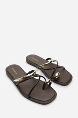 Zelina Strappy Metal Toe Loop Dark Brown Slide On Sandal