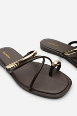 Zelina Strappy Metal Toe Loop Dark Brown Slide On Sandal