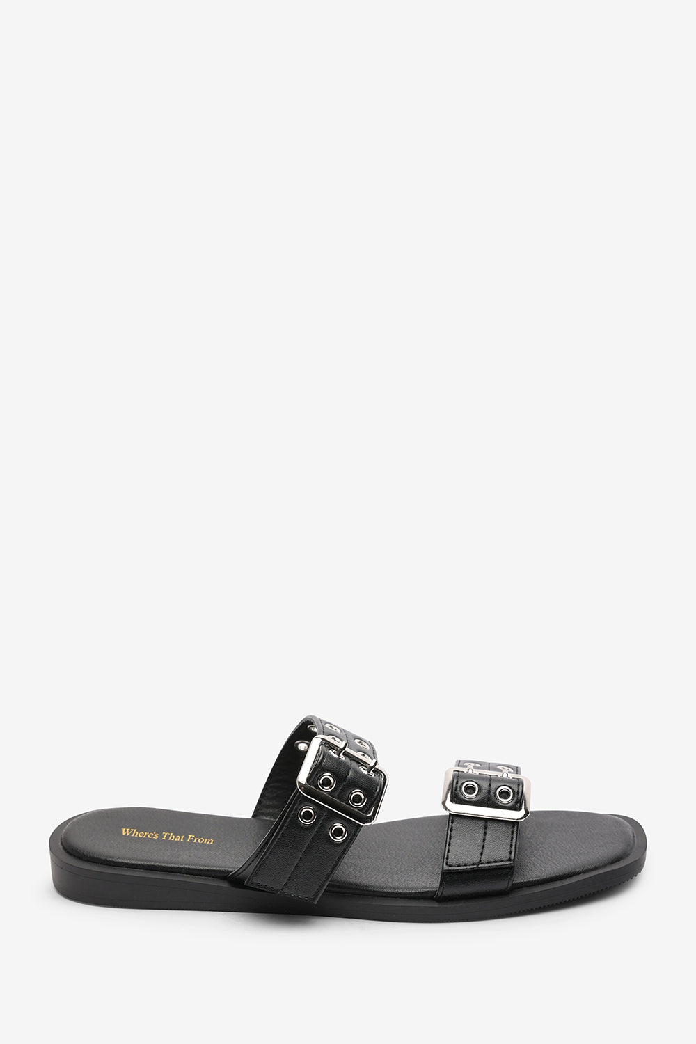 Orchard Black Slide On Double Buckle Studded Sandal