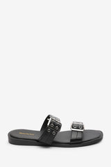 Orchard Black Slide On Double Buckle Studded Sandal