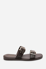 Orchard Dark Brown Slide On Double Buckle Studded Sandal