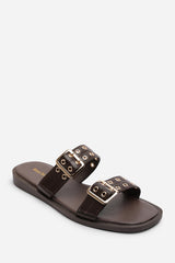 Orchard Dark Brown Slide On Double Buckle Studded Sandal
