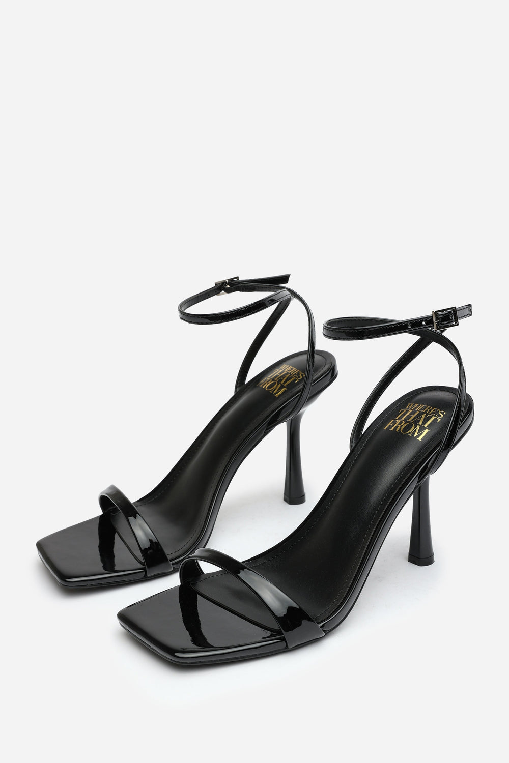 Aubrey Black Patent Square Toe Heeled Sandals with Buckle Closure
