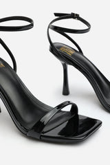 Aubrey Black Patent Square Toe Heeled Sandals with Buckle Closure