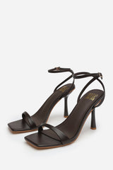 Aubrey Dark Brown Square Toe Heeled Sandals with Buckle Closure