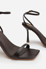 Aubrey Dark Brown Square Toe Heeled Sandals with Buckle Closure