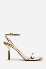 Aubrey Gold Chrome Square Toe Heeled Sandals with Buckle Closure