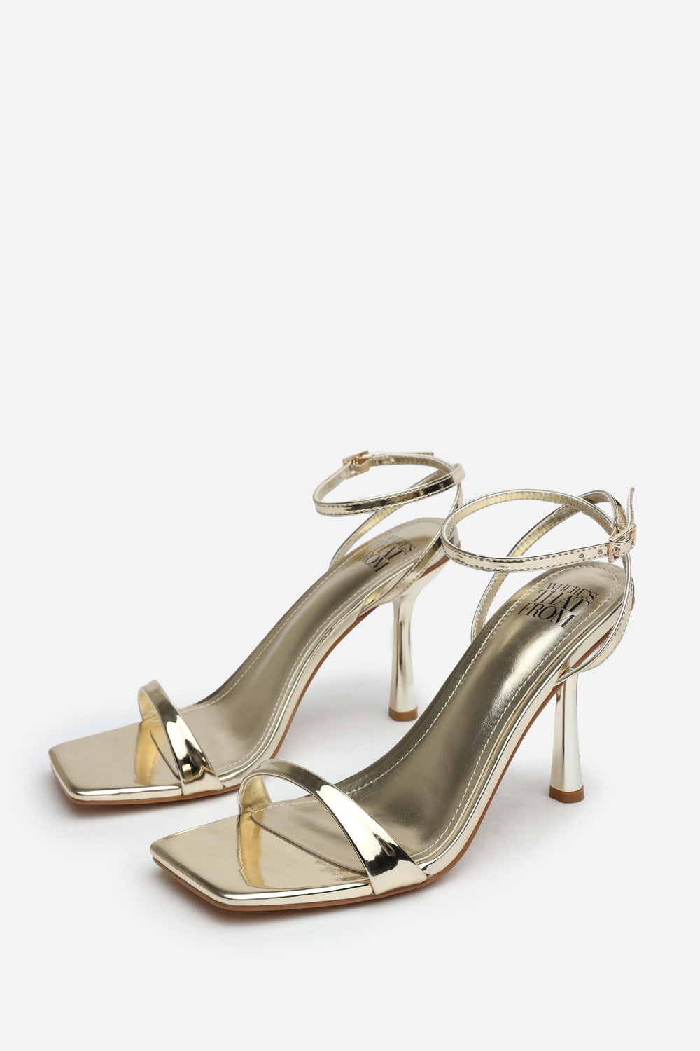 Aubrey Gold Chrome Square Toe Heeled Sandals with Buckle Closure